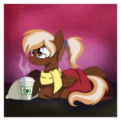 Size: 894x894 | Tagged: safe, artist:kazziepones, derpibooru import, oc, oc:coffee creme, unofficial characters only, pegasus, pony, blanket, clothes, coffee, female, glasses, pillow, scarf, solo