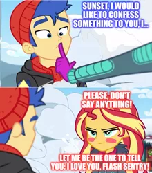 Size: 1144x1300 | Tagged: safe, artist:3d4d, derpibooru import, edit, edited screencap, screencap, flash sentry, sunset shimmer, equestria girls, equestria girls series, holidays unwrapped, spoiler:eqg series (season 2), confession, female, flashimmer, love, male, shipping, straight