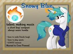 Size: 1035x772 | Tagged: safe, artist:cadetredshirt, derpibooru import, oc, oc:snowy blue, unofficial characters only, pony, unicorn, clothes, cutie mark, fullbody, hoodie, horn, jewelry, looking at you, magic, one eye closed, raised hoof, reference sheet, ring, simple background, smiling, solo, text, two toned mane, two toned tail, wedding ring, wink