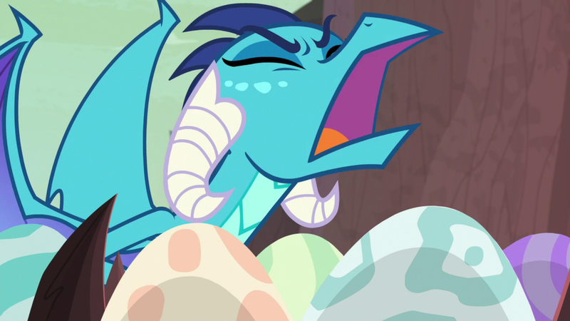 Size: 1920x1080 | Tagged: derpibooru import, dragon, dragon egg, dragoness, egg, eyes closed, female, open mouth, princess ember, safe, screencap, solo, sweet and smoky