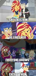 Size: 766x1626 | Tagged: safe, derpibooru import, edit, edited screencap, screencap, applejack, bulk biceps, flash sentry, lyra heartstrings, rainbow dash, sci-twi, snips, sunset shimmer, trixie, twilight sparkle, cheer you on, eqg summertime shorts, equestria girls, equestria girls series, good vibes, holidays unwrapped, spring breakdown, spoiler:eqg series (season 2), all good (song), caption, female, flashimmer, geode of super speed, geode of super strength, geode of telekinesis, image macro, magical geodes, male, offscreen character, shipping, straight, text