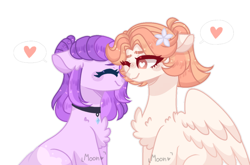 Size: 1100x726 | Tagged: safe, artist:moon-rose-rosie, derpibooru import, oc, oc:esmeralda, oc:magnolia, dracony, dragon, hybrid, pegasus, pony, chest fluff, collar, ear fluff, female, floppy ears, flower, flower in hair, heart eyes, interspecies offspring, lesbian, mare, offspring, offspring shipping, one eye closed, parent:bulk biceps, parent:fluttershy, parent:rarity, parent:spike, parents:flutterbulk, parents:sparity, simple background, transparent background, watermark, wingding eyes