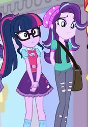 Size: 597x865 | Tagged: safe, derpibooru import, screencap, rarity, sci-twi, starlight glimmer, sunset shimmer, twilight sparkle, equestria girls, mirror magic, spoiler:eqg specials, arm behind back, bag, beanie, bowtie, clothes, cropped, cute, geode of telekinesis, glasses, glimmerbetes, hat, hnnng, magical geodes, offscreen character, pants, ponytail, ripped pants, skirt, socks, twiabetes, vest
