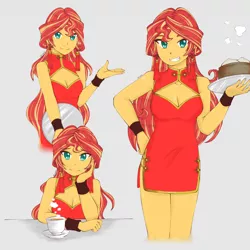 Size: 1791x1791 | Tagged: safe, artist:dragonemperror2810, derpibooru import, sunset shimmer, human, equestria girls, adorasexy, boob window, breasts, cheongsam, cleavage, cleavage window, clothes, coffee, cup, cute, dress, dumplings, female, food, looking at you, sexy, shimmerbetes, smiling, solo, tray, waitress
