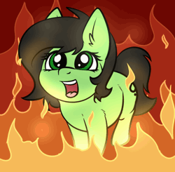 Size: 512x501 | Tagged: safe, artist:duop-qoub, artist:smoldix, derpibooru import, oc, oc:anonfilly, unofficial characters only, earth pony, pony, animated, burning, ear fluff, female, filly, fire, happy, hell, irrational exuberance, looking up, open mouth, smiling, solo, some mares just want to watch the world burn, this is fine
