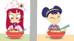 Size: 1194x669 | Tagged: safe, artist:rainbowpaintdash, artist:toybonnie54320, derpibooru import, equestria girls, barely eqg related, base used, chinese food, chopsticks, clothes, crossover, eating, equestria girls style, equestria girls-ified, food, hat, phone, strawberry shortcake, strawberry shortcake (character), tea blossom