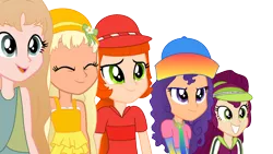 Size: 1192x670 | Tagged: safe, artist:aliciathefox231, artist:toybonnie54320, derpibooru import, equestria girls, barely eqg related, base used, clothes, crossover, equestria girls style, equestria girls-ified, hat, lemon meringue (strawberry shortcake), peppermint fizz, rainbow sherbet, raspberry torte, scarf, seaberry delight, strawberry shortcake