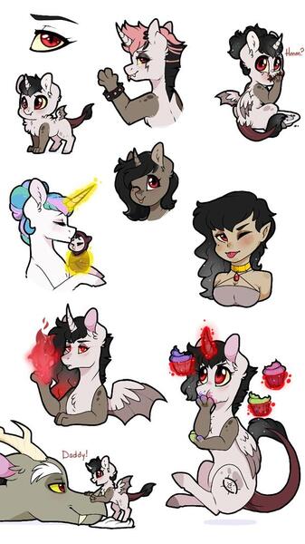 Size: 600x1067 | Tagged: safe, artist:misshoneybunn, derpibooru import, discord, princess celestia, oc, oc:daja vu, human, hybrid, baby, bracelet, cupcake, cute, disguise, dislestia, eating, father and child, father and daughter, female, food, hair bun, humanized, humanized oc, interspecies offspring, male, momlestia, mother and child, mother and daughter, ocbetes, offspring, one eye closed, parent:discord, parent:princess celestia, parents:dislestia, shipping, simple background, spiked wristband, straight, tongue out, white background, wink, wristband