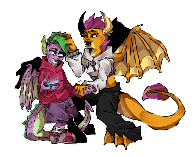 Size: 1280x1033 | Tagged: artist:nokrats, clothes, derpibooru import, dragon, dragoness, female, heart, hoodie, long tail, male, molt down, safe, shipping, simple background, smolder, spike, spolder, spread wings, straight, transparent background, wing claws, winged spike, wings