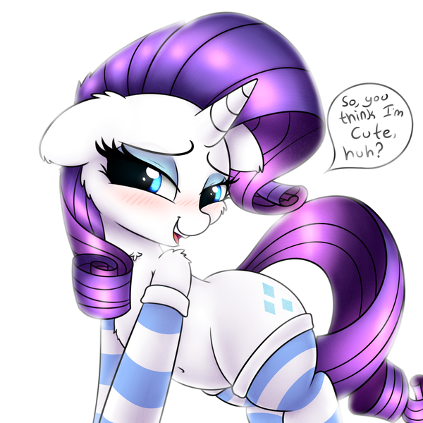 Size: 3000x3000 | Tagged: safe, artist:heavymetalbronyyeah, derpibooru import, rarity, pony, unicorn, bedroom eyes, belly button, blushing, cheek fluff, chest fluff, clothes, cute, cutie mark, dialogue, ear fluff, eyeshadow, female, flirting, floppy ears, looking at you, makeup, mare, open mouth, raribetes, shoulder fluff, simple background, smiling, socks, solo, speech bubble, striped socks, white background