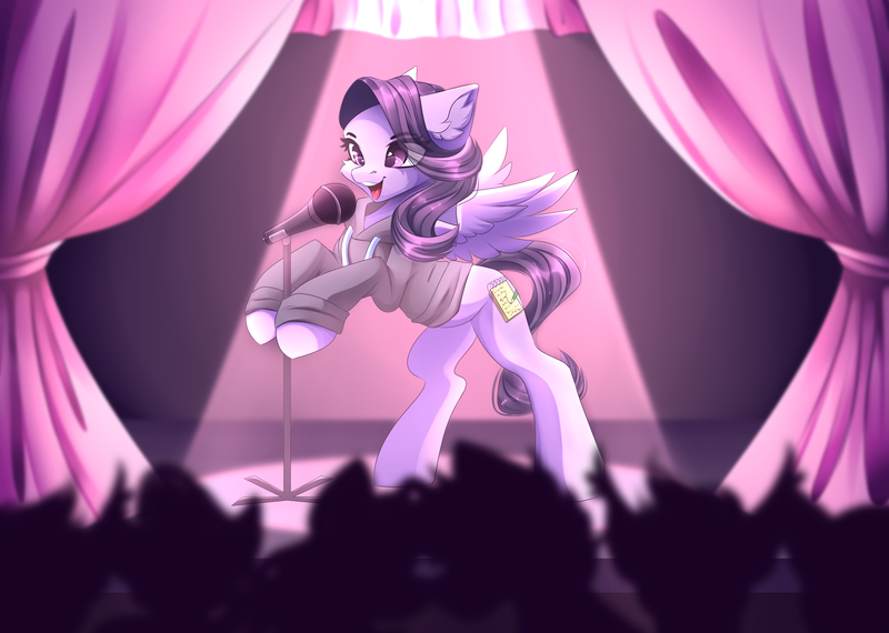 Size: 4444x3167 | Tagged: safe, artist:airiniblock, derpibooru import, oc, oc:bee, unofficial characters only, pegasus, pony, cheek fluff, clothes, commission, crowd, curtains, cutie mark, ear fluff, eye clipping through hair, female, hoodie, hoof hold, mare, microphone, microphone stand, open mouth, pegasus oc, rcf community, rearing, singing, smiling, spotlight, spread wings, stage, wings