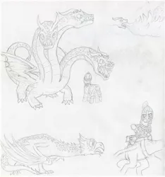 Size: 1021x1089 | Tagged: safe, artist:smt5015, derpibooru import, dragon, earth pony, hydra, pony, wyvern, armor, description is relevant, grayscale, headcanon, headcanon in the description, helmet, monochrome, multiple heads, pencil drawing, russia, three heads, traditional art, wings, zmey