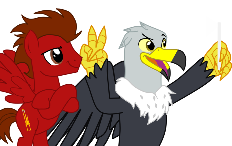 Size: 3053x1922 | Tagged: safe, artist:shadymeadow, derpibooru import, oc, oc:grant the griffon, oc:slide fortissimo, unofficial characters only, gryphon, pegasus, pony, griffon oc, male, peace sign, selfie, simple background, stallion, transparent background