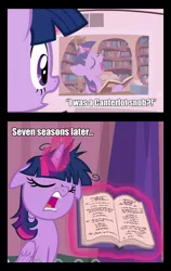 Size: 1052x1662 | Tagged: safe, derpibooru import, edit, edited screencap, screencap, twilight sparkle, twilight sparkle (alicorn), alicorn, pony, a trivial pursuit, ponyville confidential, book, comparison, cropped, floppy ears, golden oaks library, library, messy mane, newspaper, rules lawyer, text, wings