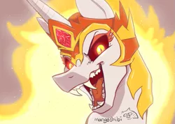 Size: 713x507 | Tagged: safe, artist:mangoshibi, derpibooru import, daybreaker, alicorn, pony, fangs, female, fire, gray background, helmet, looking at you, mare, simple background, solo