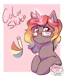 Size: 711x854 | Tagged: safe, artist:mangoshibi, derpibooru import, oc, oc:color sketch, unofficial characters only, pony, unicorn, cutie mark, glasses, glowing horn, horn, looking at you, multicolored hair, ponysona, rainbow hair, smiling, solo