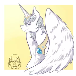Size: 1000x1000 | Tagged: safe, artist:mangoshibi, derpibooru import, oc, unofficial characters only, alicorn, pony, alicorn oc, crown, female, horn, jewelry, large wings, lidded eyes, mare, peytral, regalia, smiling, solo, spread wings, wings