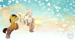 Size: 1280x698 | Tagged: safe, artist:mangoshibi, derpibooru import, oc, unofficial characters only, earth pony, pegasus, pony, blushing, cloud, cutie mark, female, flying, heart, lidded eyes, looking at each other, male, mare, oc x oc, open mouth, shipping, sky, stallion, straight, wallpaper, wavy mouth