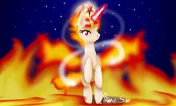 Size: 854x512 | Tagged: safe, artist:akane-ssan, derpibooru import, twilight sparkle, twilight sparkle (alicorn), alicorn, pony, comic:wings of fire, element of magic, female, fire, glowing horn, horn, looking at you, magic, mane of fire, mare, no mouth, rapidash twilight, rearing, redraw, solo