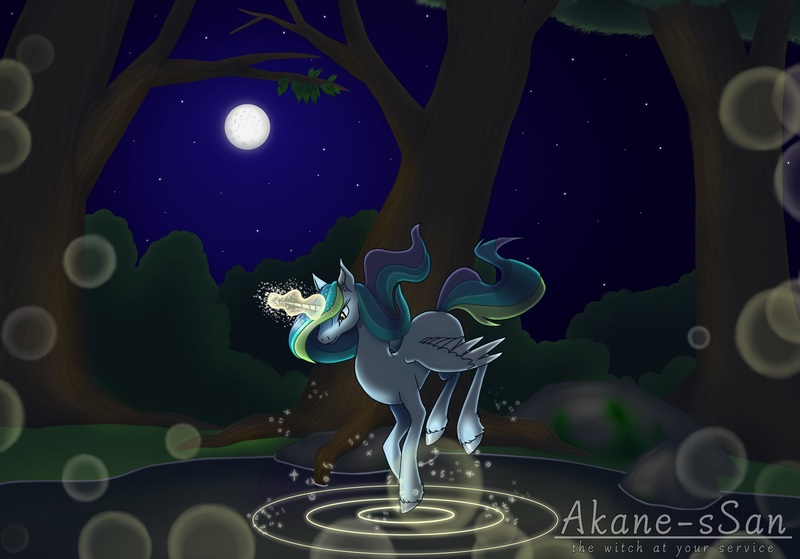Size: 2200x1536 | Tagged: safe, artist:akane-ssan, derpibooru import, oc, oc:everfree, unofficial characters only, alicorn, pony, alicorn oc, female, glowing horn, horn, magic, mare, moon, night, not celestia, pond, redraw, solo, stars, tree, wings