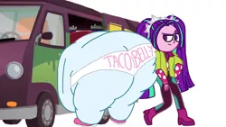 Size: 1024x576 | Tagged: suggestive, artist:jamesawilliams1996, derpibooru import, aria blaze, sonata dusk, equestria girls, equestria girls series, sunset's backstage pass!, spoiler:eqg series (season 2), annoyed, ass, belly, big belly, butt, buttcrack, clothes, fat, huge belly, huge butt, large butt, leaning, morbidly obese, obese, pushing, sonatubby, squishy, stuck, the ass was fat, the ass was too fat, too fat, too fat to fit, too fat to get through, underwear, van