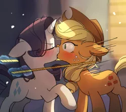 Size: 1594x1416 | Tagged: safe, artist:tcn1205, derpibooru import, applejack, rarity, earth pony, pony, unicorn, blushing, cowboy hat, cute, digital art, eyes closed, female, freckles, hat, jackabetes, kissing, lesbian, levitation, magic, mare, measuring tape, raribetes, rarijack, shipping, shocked, stetson, surprise kiss, telekinesis