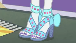 Size: 854x480 | Tagged: safe, derpibooru import, edit, edited screencap, screencap, rarity, equestria girls, equestria girls series, rollercoaster of friendship, close-up, clothes, feet, glitter, glittery, high heels, human feet, legs, nail polish, open-toed shoes, pictures of legs, sandals, shoes, toenail polish, toenails