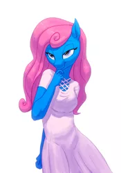 Size: 2400x3427 | Tagged: safe, artist:carnifex, derpibooru import, oc, oc:bubble pop, unofficial characters only, anthro, earth pony, anthro oc, clothes, dress, female, mare, simple background, solo, white background