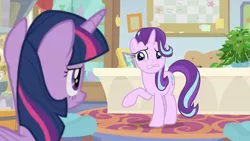 Size: 1600x900 | Tagged: safe, derpibooru import, screencap, phyllis, starlight glimmer, twilight sparkle, twilight sparkle (alicorn), alicorn, pony, unicorn, a horse shoe-in, bulletin board, cabinet, desk, duo, female, house plant, mare, office, philodendron, picture frame, rug