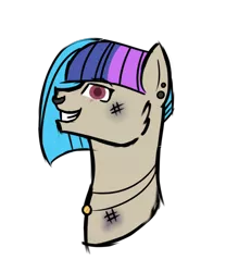 Size: 400x480 | Tagged: safe, artist:kookiebeatz, derpibooru import, oc, oc:scavy, unofficial characters only, earth pony, pony, bust, ear piercing, earring, eye scar, female, grin, jewelry, mare, multicolored hair, necklace, nose piercing, nose ring, piercing, scar, simple background, smiling, solo, transparent background