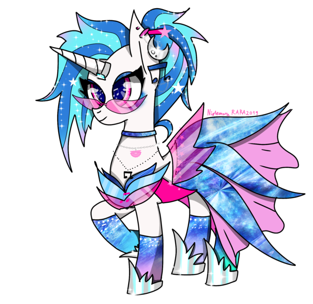 Size: 1982x1925 | Tagged: safe, artist:nightmarerara, derpibooru import, vinyl scratch, pony, unicorn, alternate hairstyle, choker, clothes, dress, ear piercing, earring, eyeshadow, female, gala dress, glasses, hoof shoes, horn, horn ring, jewelry, makeup, mare, necklace, piercing, raised hoof, ring, simple background, socks, solo, transparent background