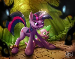 Size: 1134x897 | Tagged: safe, artist:14-bis, derpibooru import, spike, twilight sparkle, changeling, dragon, pony, unicorn, female, gritted teeth, male, mare, protecting, shackles, unicorn twilight