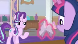 Size: 1600x900 | Tagged: safe, derpibooru import, screencap, starlight glimmer, twilight sparkle, twilight sparkle (alicorn), alicorn, pony, unicorn, a horse shoe-in, cabinet, carpet, duo, female, levitation, magic, mare, napkin, nervous, origami, telekinesis, vase, worried