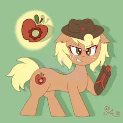 Size: 2000x2000 | Tagged: safe, artist:alannaartroid, derpibooru import, applejack, cyborg, earth pony, pony, alternate hairstyle, alternate universe, amputee, cowboy hat, female, freckles, green background, grin, gun, hat, mare, prosthetic limb, prosthetics, redesign, simple background, smiling, solo, weapon