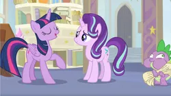 Size: 1680x940 | Tagged: a horse shoe-in, alicorn, derpibooru import, dragon, imminent belch, imminent vomiting, puffy cheeks, safe, screencap, scroll, spike, starlight glimmer, starlight's office, twilight sparkle, twilight sparkle (alicorn), winged spike