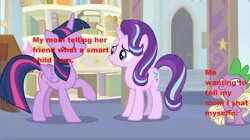 Size: 1680x940 | Tagged: a horse shoe-in, alicorn, derpibooru import, dragon, edit, edited screencap, meme, metaphor, misspelling, puffy cheeks, safe, screencap, shitposting, spike, starlight glimmer, text, twilight sparkle, twilight sparkle (alicorn), vulgar, winged spike