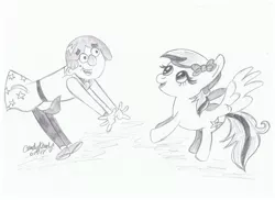 Size: 1280x931 | Tagged: safe, artist:candyrandyjuniverse, derpibooru import, oc, pegasus, pony, black and white, crossover, dancing, grayscale, grim gloom, monochrome, signature, the 7d, traditional art