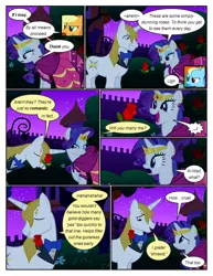 Size: 612x792 | Tagged: safe, artist:newbiespud, derpibooru import, edit, edited screencap, screencap, applejack, prince blueblood, rainbow dash, rarity, earth pony, pegasus, pony, unicorn, comic:friendship is dragons, the best night ever, clothes, comic, dialogue, disgusted, dress, eyes closed, female, flower, flower in mouth, freckles, gala dress, hat, jewelry, male, mare, mouth hold, night, rose, rose in mouth, screencap comic, smiling, smirk, stallion, stars, tiara, tree