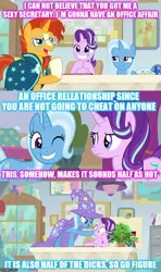 Size: 500x843 | Tagged: a horse shoe-in, caption, comic, derpibooru import, edit, edited screencap, image macro, safe, screencap, screencap comic, shipper on deck, starlight glimmer, sunburst, text, trixie