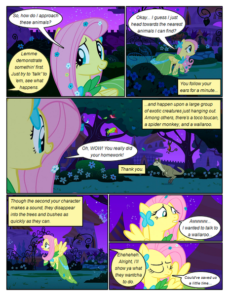 Size: 612x792 | Tagged: safe, artist:newbiespud, derpibooru import, edit, edited screencap, screencap, fluttershy, bird, monkey, pegasus, pony, spider monkey, toucan, wallaroo, comic:friendship is dragons, the best night ever, clothes, comic, dialogue, dress, eyes closed, female, flying, gala dress, mare, night, offscreen character, screencap comic, stars, tree