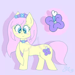 Size: 2000x2000 | Tagged: safe, artist:alannaartroid, derpibooru import, fluttershy, earth pony, pony, alternate hairstyle, alternate universe, blue background, choker, earth pony fluttershy, female, floral head wreath, flower, mare, race swap, raised hoof, redesign, simple background, solo