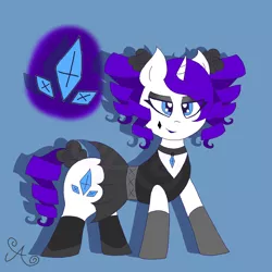 Size: 2000x2000 | Tagged: safe, artist:alannaartroid, derpibooru import, rarity, pony, unicorn, alternate hairstyle, alternate universe, beauty mark, black rose, blue background, boots, clothes, collar, dress, eyeshadow, female, flats, flower, flower in hair, goth, lipstick, makeup, mare, pigtails, redesign, rose, shoes, simple background, skirt, sleeveless, socks, solo, twintails