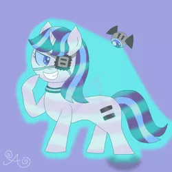 Size: 2000x2000 | Tagged: safe, artist:alannaartroid, derpibooru import, starlight glimmer, pony, robot, unicorn, alternate hairstyle, alternate universe, artificial intelligence, blue background, choker, colored sclera, equal cutie mark, eyepatch, female, grin, hologram, mare, raised hoof, redesign, simple background, smiling, solo