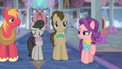 Size: 1600x900 | Tagged: safe, derpibooru import, screencap, big macintosh, doctor whooves, octavia melody, spoiled rich, time turner, earth pony, pony, a horse shoe-in, banner, carpet, column, crystal, door, female, foyer, male, mare, politics, school of friendship, stallion