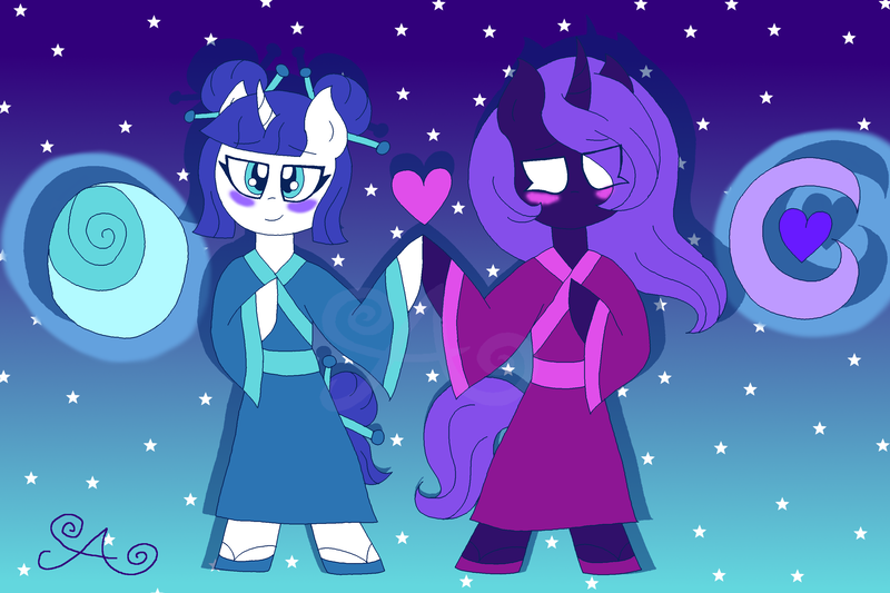 Size: 3000x2000 | Tagged: safe, artist:alannaartroid, derpibooru import, princess luna, tantabus, pony, unicorn, alternate design, alternate hairstyle, alternate universe, bipedal, blushing, chopsticks in hair, clothes, female, hairpin, heart, holding hooves, lesbian, lunabus, mare, race swap, redesign, sandals, shipping, vaguely asian robe