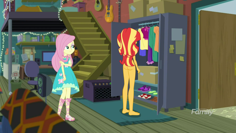 Size: 1920x1080 | Tagged: questionable, artist:invisibleink, derpibooru import, edit, edited screencap, editor:slayerbvc, screencap, fluttershy, sunset shimmer, costume conundrum, costume conundrum: sunset shimmer, equestria girls, equestria girls series, spoiler:choose your own ending (season 2), spoiler:eqg series (season 2), amplifier, ass, barefoot, bunset shimmer, butt, casual nudity, clothed female nude female, clothes, computer, discovery family logo, dress, eyes on the prize, feet, female, geode of fauna, guitar, image, lidded eyes, magical geodes, musical instrument, nude edit, nudity, office chair, png, refrigerator, sunset's apartment, wardrobe