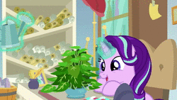Size: 1920x1080 | Tagged: safe, derpibooru import, edit, edited screencap, editor:kerinova, screencap, phyllis, starlight glimmer, sunburst, trixie, pony, a horse shoe-in, animated, philodendron, phyllis no!, plant, pot, potted plant, pure unfiltered evil, sound, trash, trash can, webm