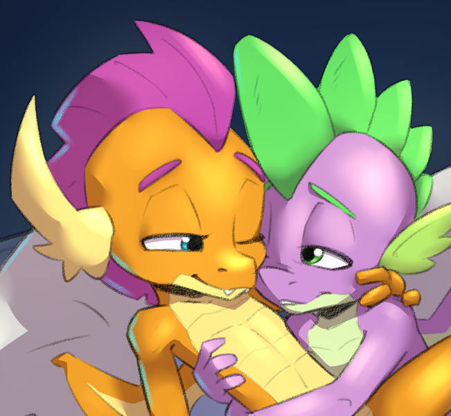 Size: 1491x1375 | Tagged: safe, artist:quadrog, derpibooru import, smolder, spike, dragon, commission, cropped, cute, dragoness, female, hug, lidded eyes, looking at each other, male, one eye closed, pillow, shipping, sleepy, smolderbetes, spikabetes, spolder, straight, winged spike, wink
