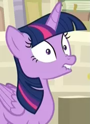 Size: 407x563 | Tagged: safe, derpibooru import, screencap, twilight sparkle, twilight sparkle (alicorn), alicorn, pony, a horse shoe-in, cropped, female, lip bite, mare, oh no, shrunken pupils, solo, sudden realization, wide eyes