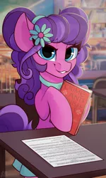 Size: 1200x2000 | Tagged: safe, artist:shadowreindeer, derpibooru import, petunia petals, earth pony, pony, rainbow roadtrip, book, crime and punishment, female, flower, flower in hair, looking at you, mare, solo